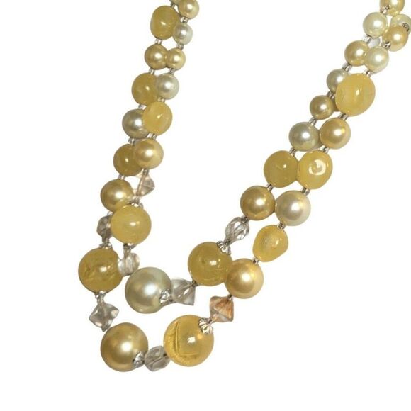Japan Yellow Crackle Beaded Graduated Faux Pearl 2 Tier Silver Tone Necklace 16” - Picture 10 of 14